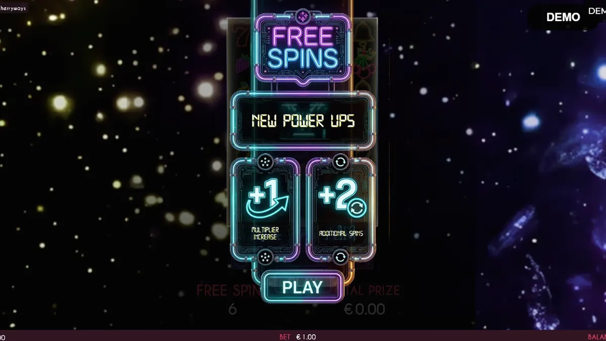 Interface vibrante e futurista do jogo Turbo Fortune Cherryways com luzes neon e símbolos de frutas.